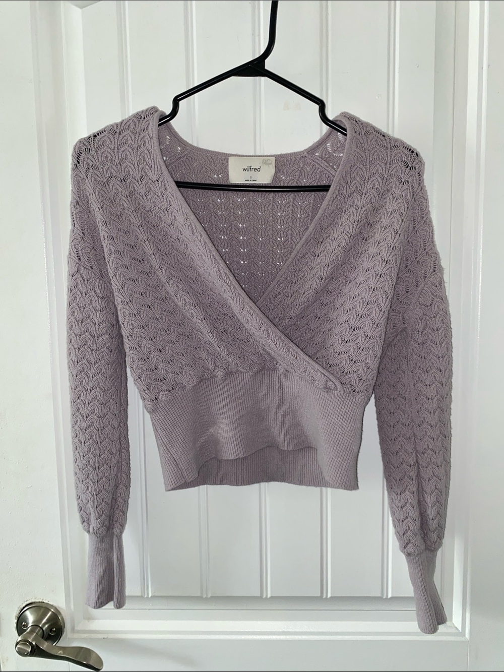 Aritzia Wilfred Lilac Wrap V-Neck Cable-Knit Sweater